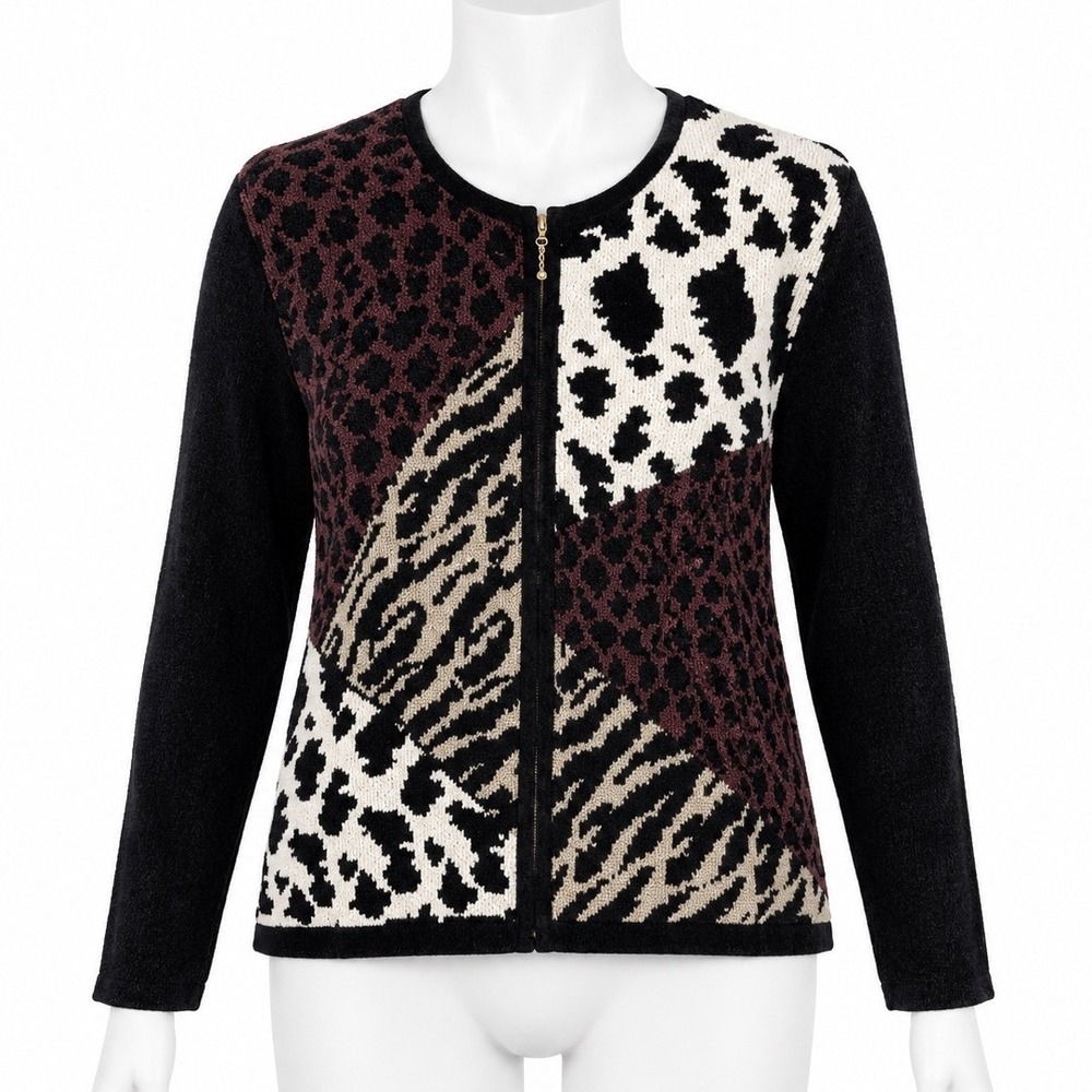 Elizabeth New York Cardigan Women XL Black Animal Print Patchwork Zip Up Sweater